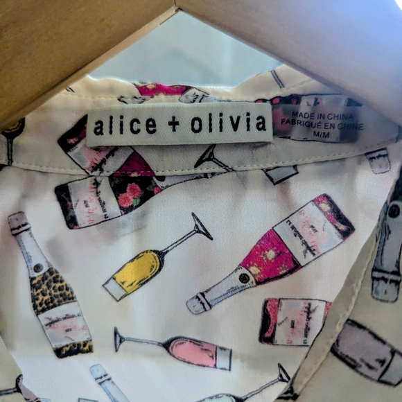 Alice + Olivia Robbie Champagne Print Ruffle 100% Silk Blouse - Picture 2 of 3